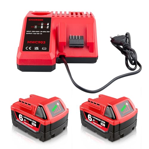 Kit-de-repuesto-de-batería-y-cargador-Milwaukee-de-6,0-Ah,-paquete-de-2,-compatible-con-batería-de-iones-de-litio-Milwaukee-de-18-V-y-herramientas-eléctricas-inalámbricas-de-18-voltios-48-11-1815-48-11-1820-48-11-1828.