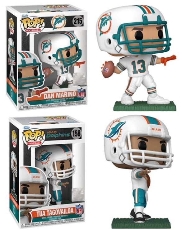 Funko Pop! NFL Miami Dolphins Legends Dan Marino and Tua Tagovailoa Vinyl Collectible Figures, Numbers 215 and 158, Pack