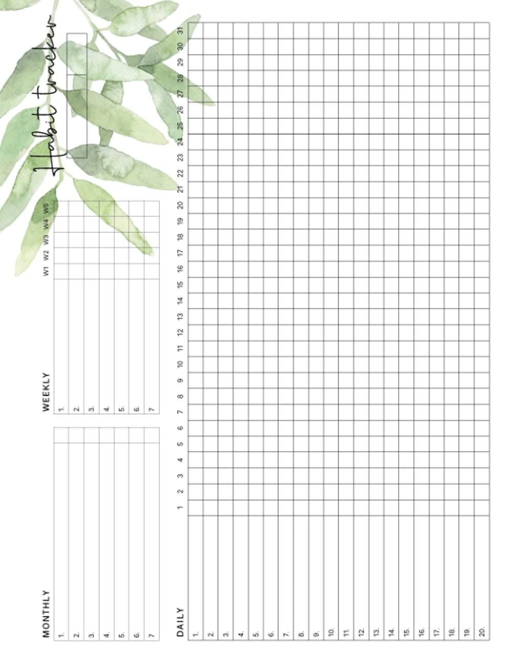 Libro: Habit Tracker: Undated Calendar The Motivational Journal Features Space for 20 Daily 7 Weekly and 7 Monthly Habits Beautiful Watercolor Green Leaves