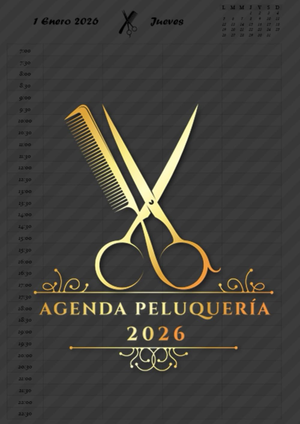 Libro: Agenda Peluquería 2026: 1 día por página con horarios 7:00 a 22:30 | intervalos de 30 minutos | 4 columnas | Tamaño A4