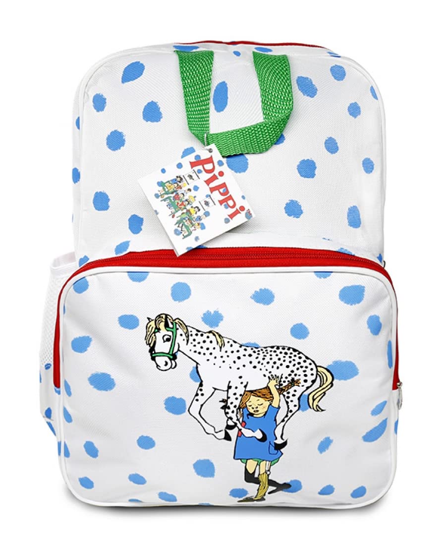 Libro: MOCHILA PIPPI FONDO BLANCA CON TOPOS AZULES