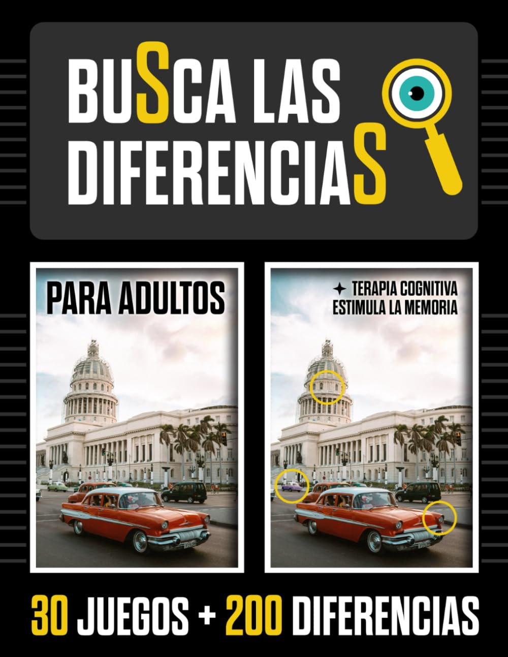 Libro: Busca las diferencias para adultos: Ejercicios visuales para estimular la memoria, la concentración y la agilidad mental (30 imágenes con más de 200 diferencias) para adultos mayores (Spanish Edition)