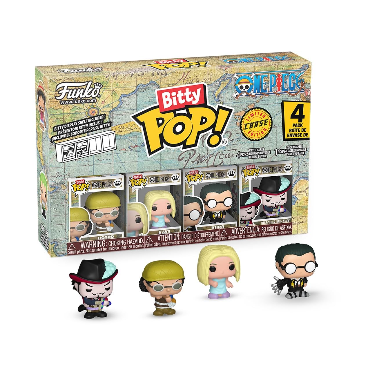 Funko Bitty Pop! One Piece - Usopp, Kaya, Kuro, and A Surprise Mystery Mini Figura - 0.9 Pulgadas () Coleccionable - Stackable Display Shelf Included