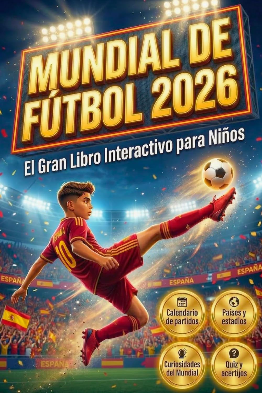 Mundial de Fútbol 2026 – El Gran Libro Interactivo para Niños: Calendario de partidos, países y estadios, curiosidades, quiz y acertijos para pequeños aficionados al fútbol