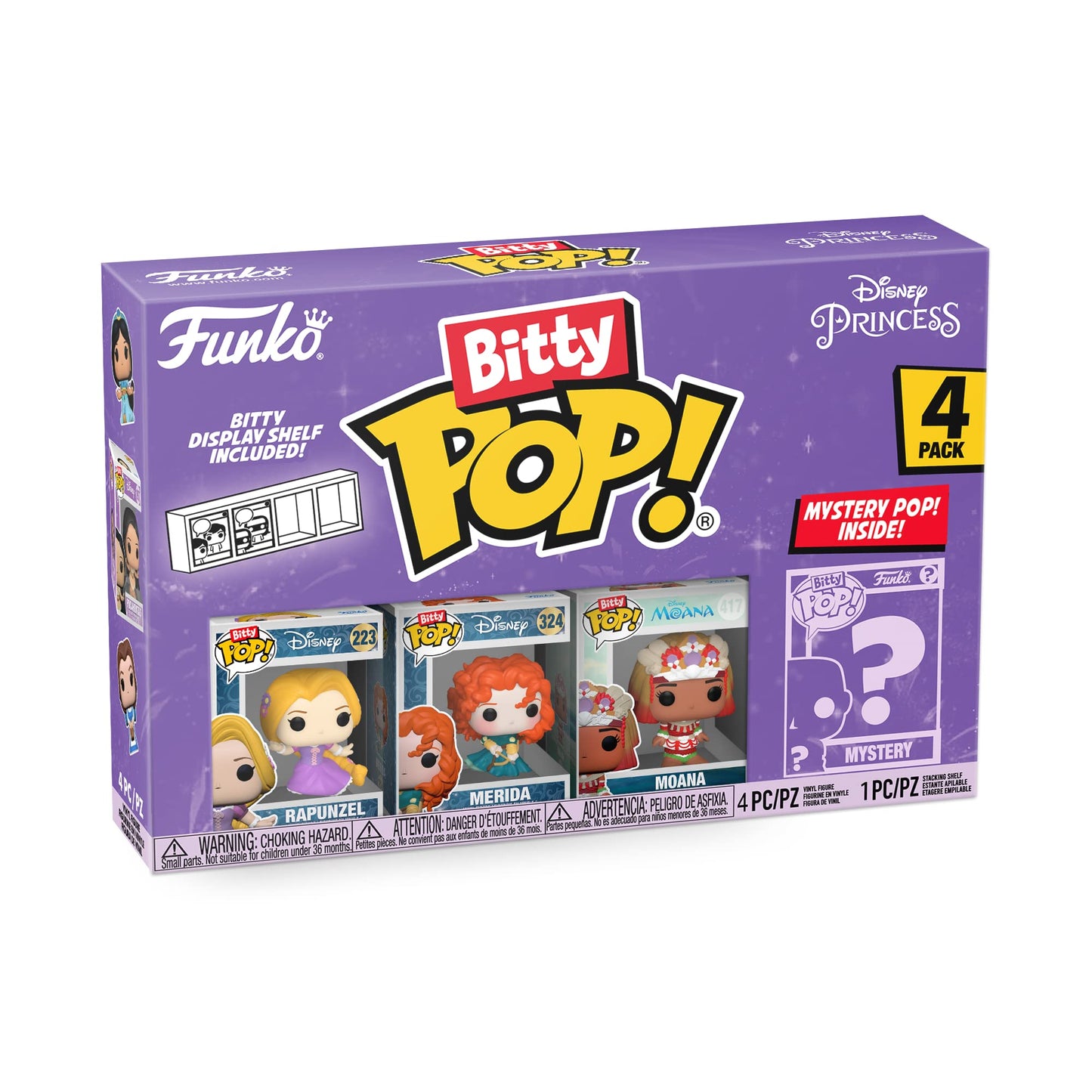 Funko Bitty Pop Disney Princesses - Rapunzel, Merida, Moana and A Surprise Mystery Mini Figura - 0.9 Pulgadas () Coleccionable - Stackable Display Shelf Included - Cake Topper