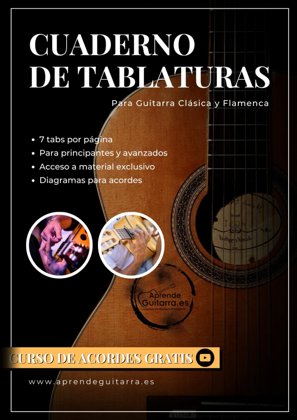 Libro: Cuaderno de Tablaturas de Guitarra en formato A4. (Spanish Edition). Curso de Acordes GRATIS EN VÍDEO.: Para Guitarra Clásica y Flamenca. 7 tablaturas por página. Diagramas para acordes.