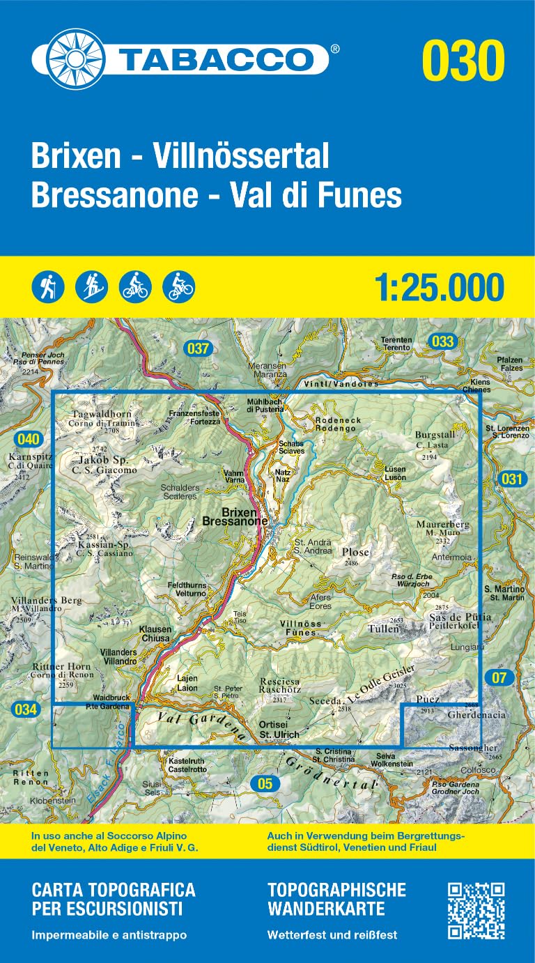 Libro: Bressanone - Val di Funes-Brixen - Villnössertal. Carta topografica in scala 1:25.000, antistrappo, impermeabile, fotodegradabile. Ediz. multilingue: Tabacco Wanderkarte 1:25000: 30