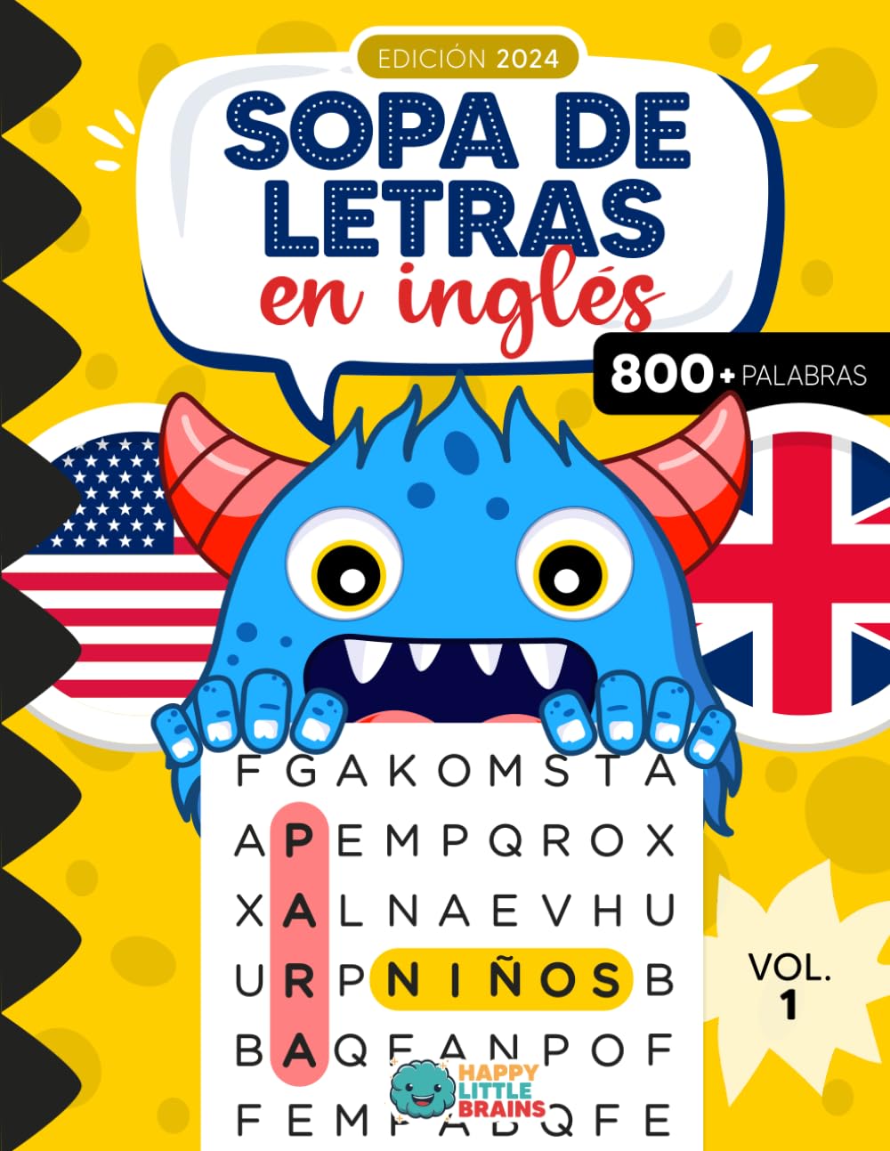 Libro: Sopa de letras para niños en inglés - español: +800 palabras de uso frecuente (Sight words) con juegos para aprender inglés - Vol. 1 (Sopas de letras monstruosas)
