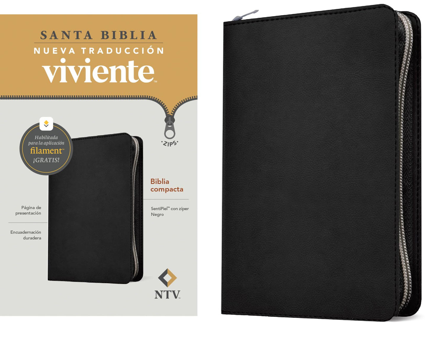 Libro: Biblia compacta NTV de zíper, con Filament (SentiPiel, Negro) (Spanish Edition)