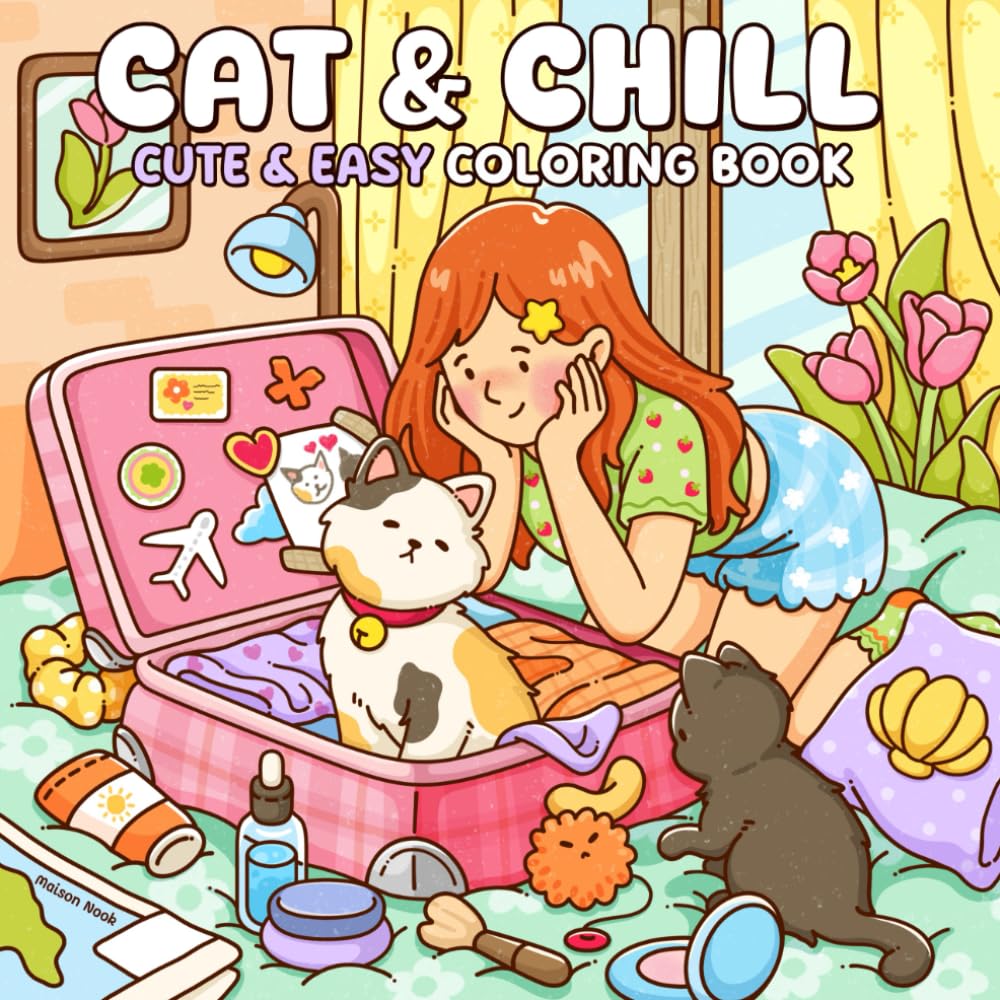 Libro: Cat & Chill: Cute & Easy Coloring Book for Adults and Teens Featuring Cozy Scenes and Relaxing Moments with Cats for Stress Relief