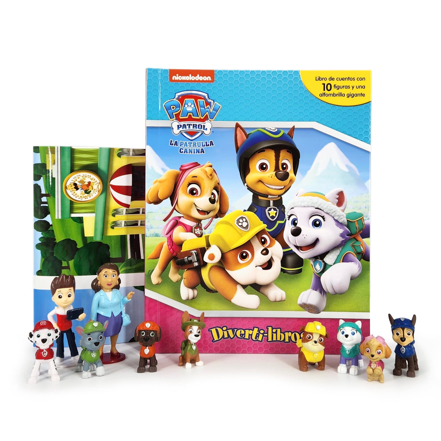Paw Patrol La Patrulla Canina Diverti-Libros - Libro infantil de cuentos, 10 figuras, 1 alfombra de juego