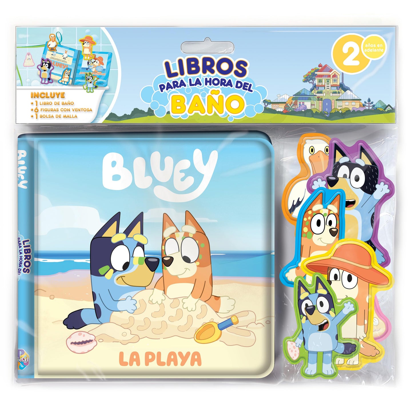 Bluey La Playa Libros para la Hora del Baño - Libros de actividades para niños, 6 figuras con ventosa, 1 bolsa de malla