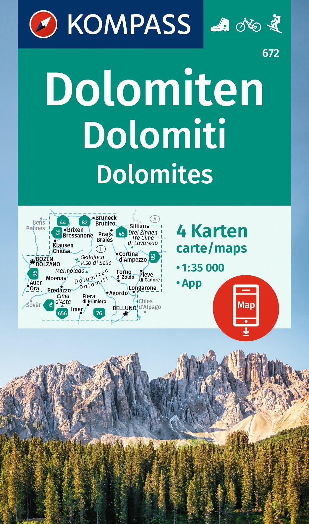 Libro: Hiking Map Set 672 Dolomites (4 maps) 1:35,000: Includes map for offline use in the KOMPASS app. Cycling. Ski touring.