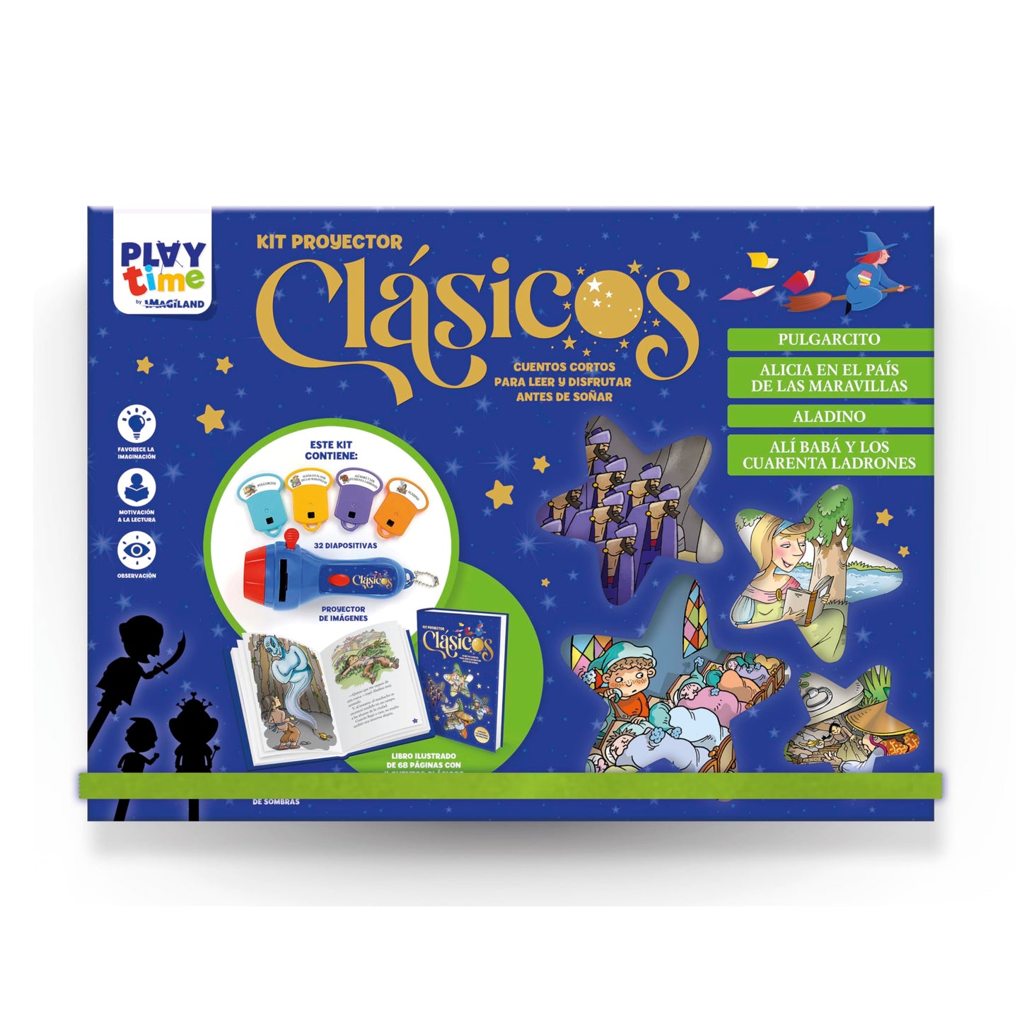 Libro: KIT PROYECTOR CUENTOS CLÁSICOS: PULGARCITO, ALICIA EN EL PAÍS DE LAS MARAVILLAS, ALADINO, ALÍ BABÁ Y LOS CUARENTA LADRONES - CAJA CON PROYECTOR