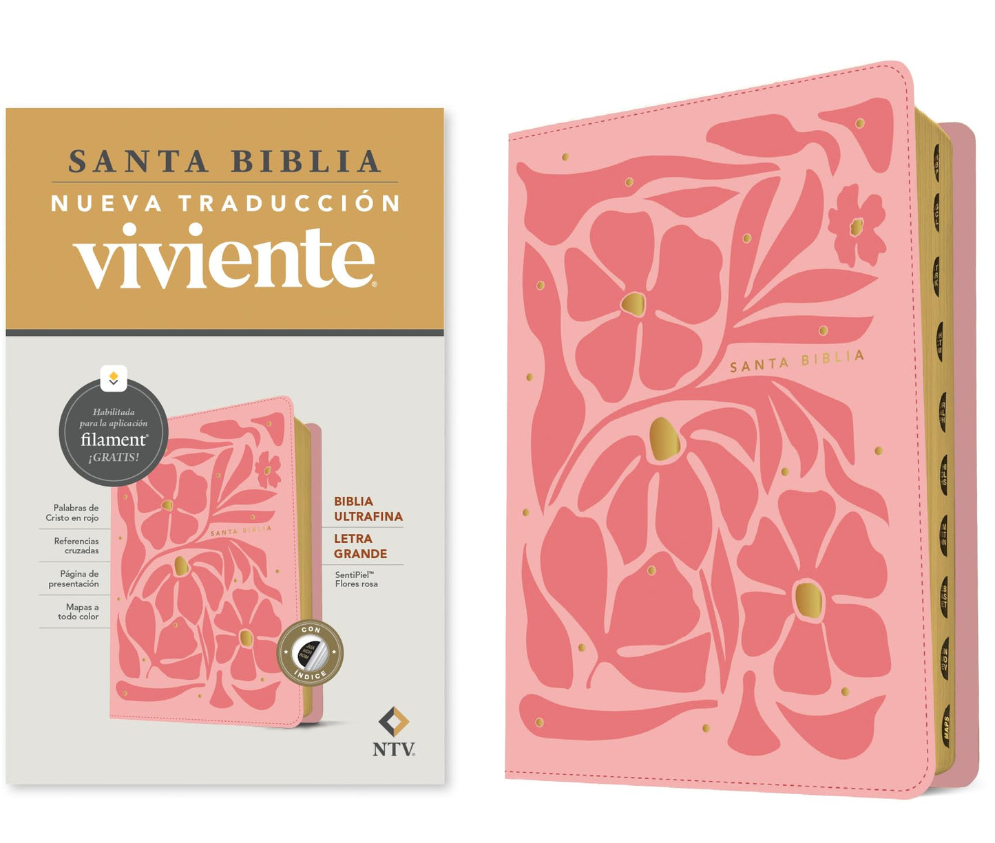 Libro: Biblia ultrafina NTV, letra grande con Filament (SentiPiel, Flores rosa, Índice, Letra Roja) (Spanish Edition)