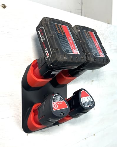 Portapilas-genérico-para-Milwaukee-M12---Compatible-con-baterías-Milwaukee-de-12-V---Admite-hasta-4-baterías---Montaje-en-pared---Fabricado-en-EE.-UU.-(Rojo-y-negro-(mejor-ajuste),-4-baterías)
