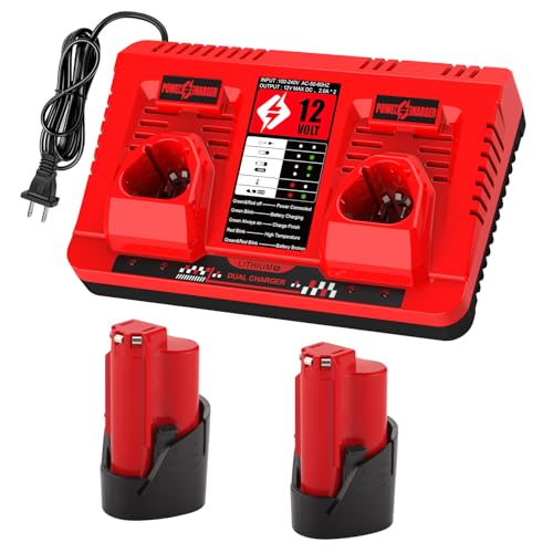Paquete-de-2-baterías-Ahomtikk-de-12-V-y-3,5-Ah-con-cargador-de-doble-puerto-para-baterías-Milwaukee-M12-(48-11-2401,-48-11-2402,-48-11-2420)-y-cargador-Milwaukee-M12-(48-59-2401)