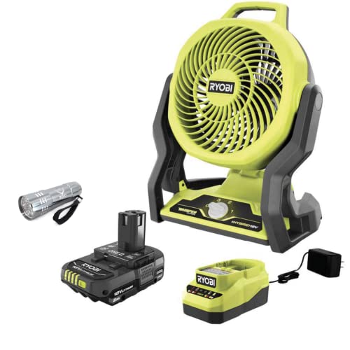 Paquete-de-ventilador-portátil-Buho-con-ventilador-inalámbrico-híbrido-Whisper-Series-de-18-V-de-Ryobi-de-7-1/2-pulgadas,-batería-de-2.0-Ah,-cargador-de-18-V-y-linterna.
