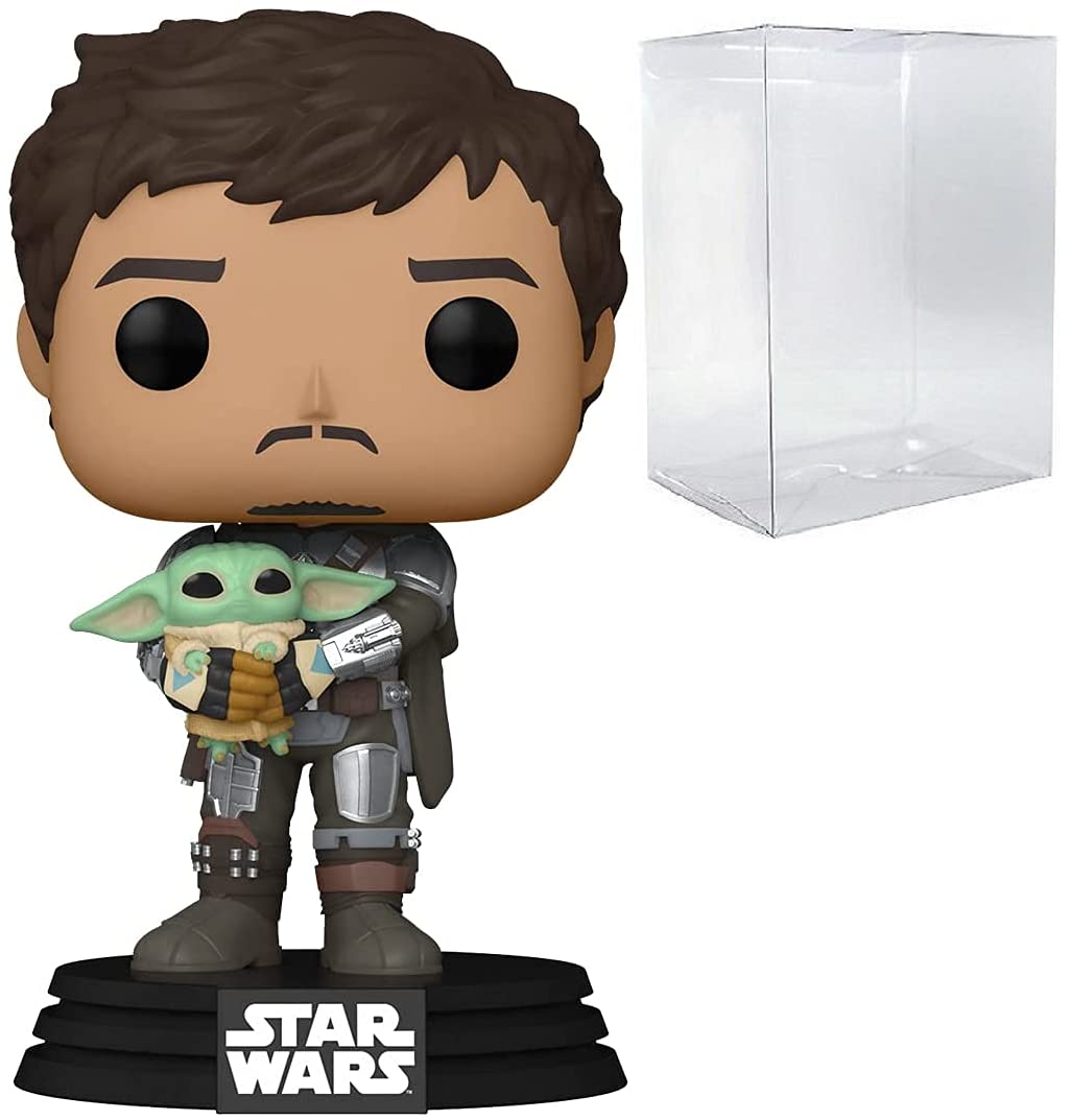Funko Star Wars: El Mandaloriano - Mandalorian (Din Djarrin) Holding Grogu [The Child] Pop! Figura de Vinilo (Bundled with Compatible Pop Box Protector Case)