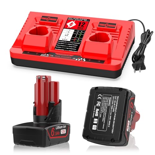Batería-y-cargador-Powilling-de-12-V-y-6500-mAh-para-Milwaukee-M12-(12-V,-48-11-2440,-48-11-2411-y-48-11-2410)-con-cargador-dual-de-12-V-y-2-puertos.
