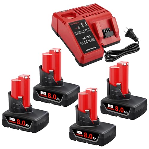 Kulatiom---Batería-de-repuesto-de-4-piezas-de-12-V-y-8-Ah-para-Milw-M-12-(kit-de-batería-y-cargador),-compatible-con-los-paquetes-de-herramientas-Milw-de-12-V-48-11-2420,-48-11-2401,-48-11-2411-y-48-11-2402-(4-piezas-+-cargador)