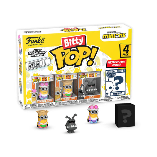 Funko Bitty Pop! Minions 4-Pack: Tourist Dave, Tourist Jerry, Kyle, and A Surprise Mystery Mini Figura - 0.9 Pulgadas () - Stackable Display Shelf Included