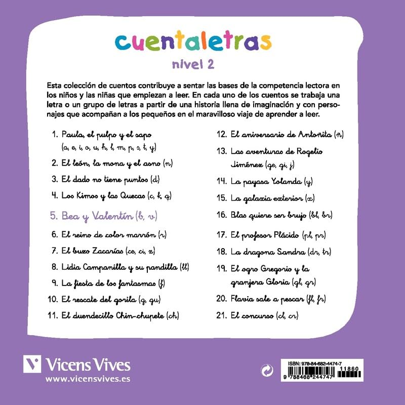 Libro: Vicens Vives - Bea y Valentín - Cuentos infantiles 5 años, 6 años para mejorar lectoescritura. Aprende la B y la V con Cuentos en Letra Cursiva. Cuentaletras Nivel 2