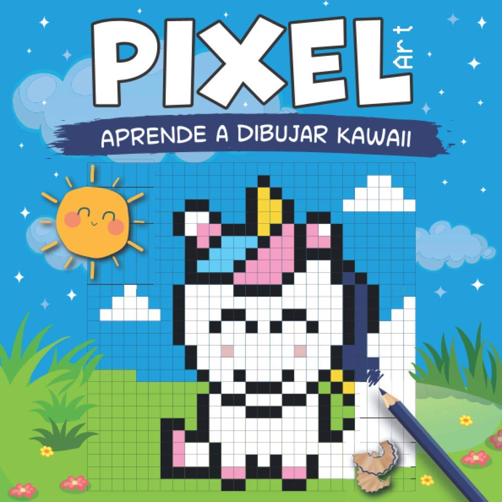 Libro: PIXEL ART - Aprende a dibujar Kawaii: dibuja y colorea personajes Kawaii en líneas de cuadrícula (animales, frutas, objetos) a partir de modelos. A partir de los 7 años.