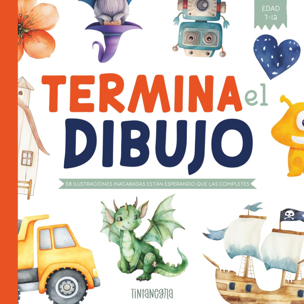 Libro: Termina el dibujo: Libro creativo para niños y niñas de 7 a 12 años con 58 ilustraciones inacabadas en acuarela para completar con imaginación: ... con lápices de colores (Spanish Edition)