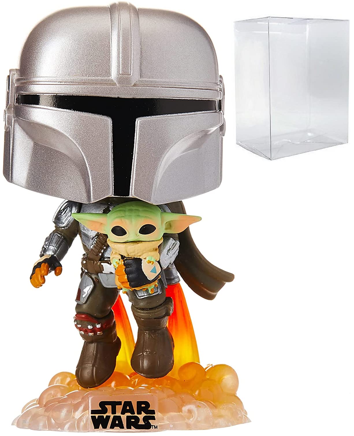 Funko Pop: POP Star Wars: El Mandaloriano - Mandalorian [Din Djarrin] Flying with Grogu [The Child] Funko Pop! Figura de Vinilo (Bundled with Compatible Pop Box Protector Case), Multicolor, 3.75 Pulgadas