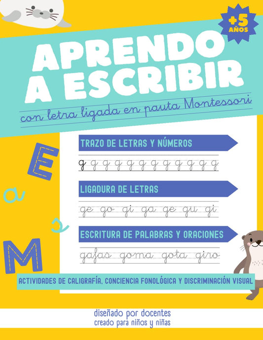 APRENDO A ESCRIBIR CON LETRA LIGADA EN PAUTA MONTESSORI: Caligrafía para niños y niñas a partir de 5 años, para iniciarse y practicar el trazo y ... minúsculas. Actividades de lectoescritura.