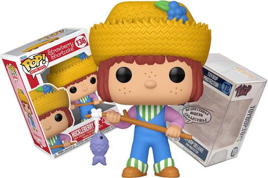 Funko Huckleberry Pie with Hat and Fishing Rod + Pop Protector: Strawberry Shortcake Retro Toys Pop! Figura de Vinilo with Dessert (Gift Set Bundled with ToyBop Brand Box Protector Collector Case)