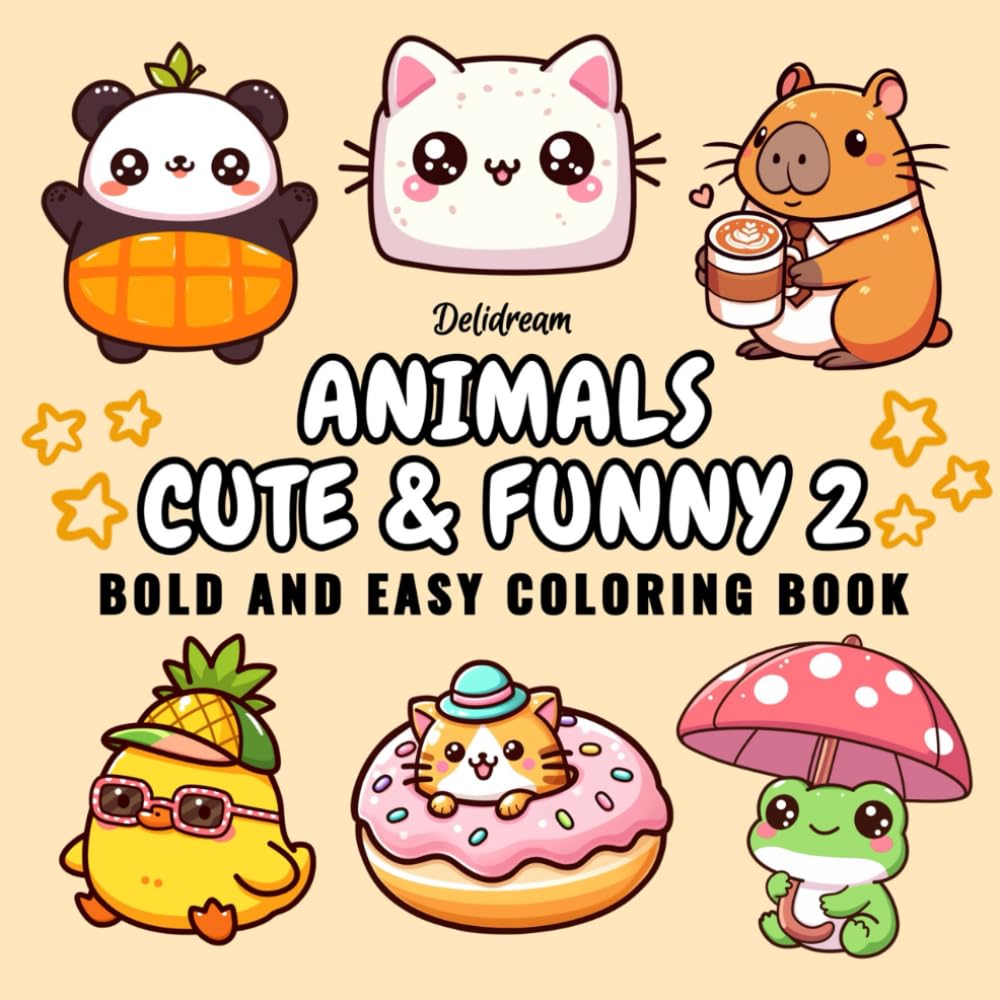 Animals Cute & Funny 2: Bold and Easy Coloring Book for Kids and Adults, 35 Relaxing Stress Relief Illustrations