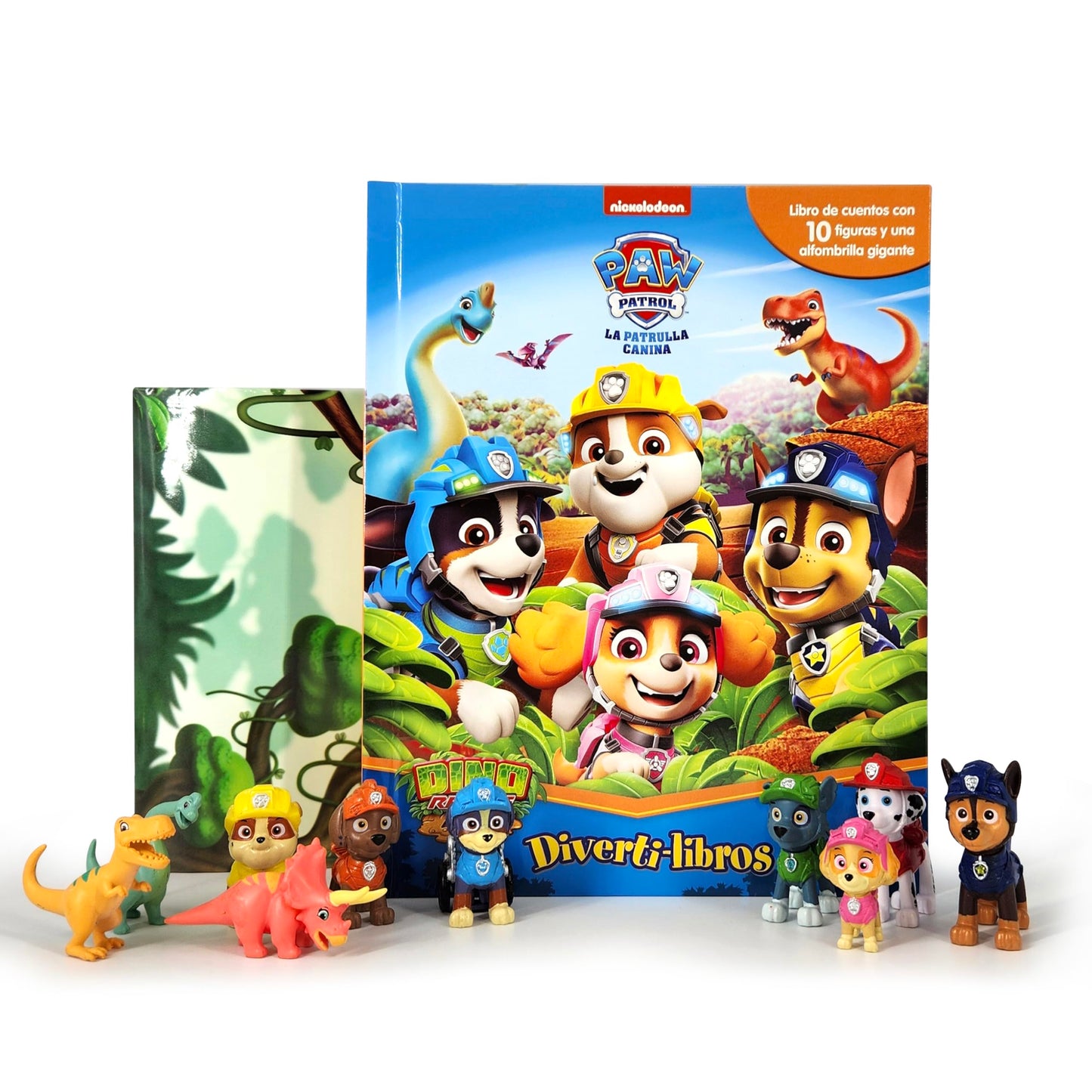 Paw Patrol Dino Rescue La Patrulla Canina Diverti-Libros - Libro infantil de cuentos, 10 figuras, 1 alfombra de juego