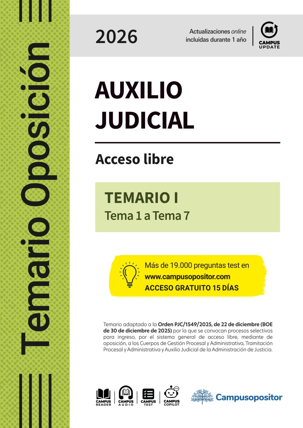 Libro: TEMARIO: Cuerpo de Auxilio Judicial de la Administración de Justicia 2026. TOMO I: Acceso libre: TEMA 1 a TEMA 7