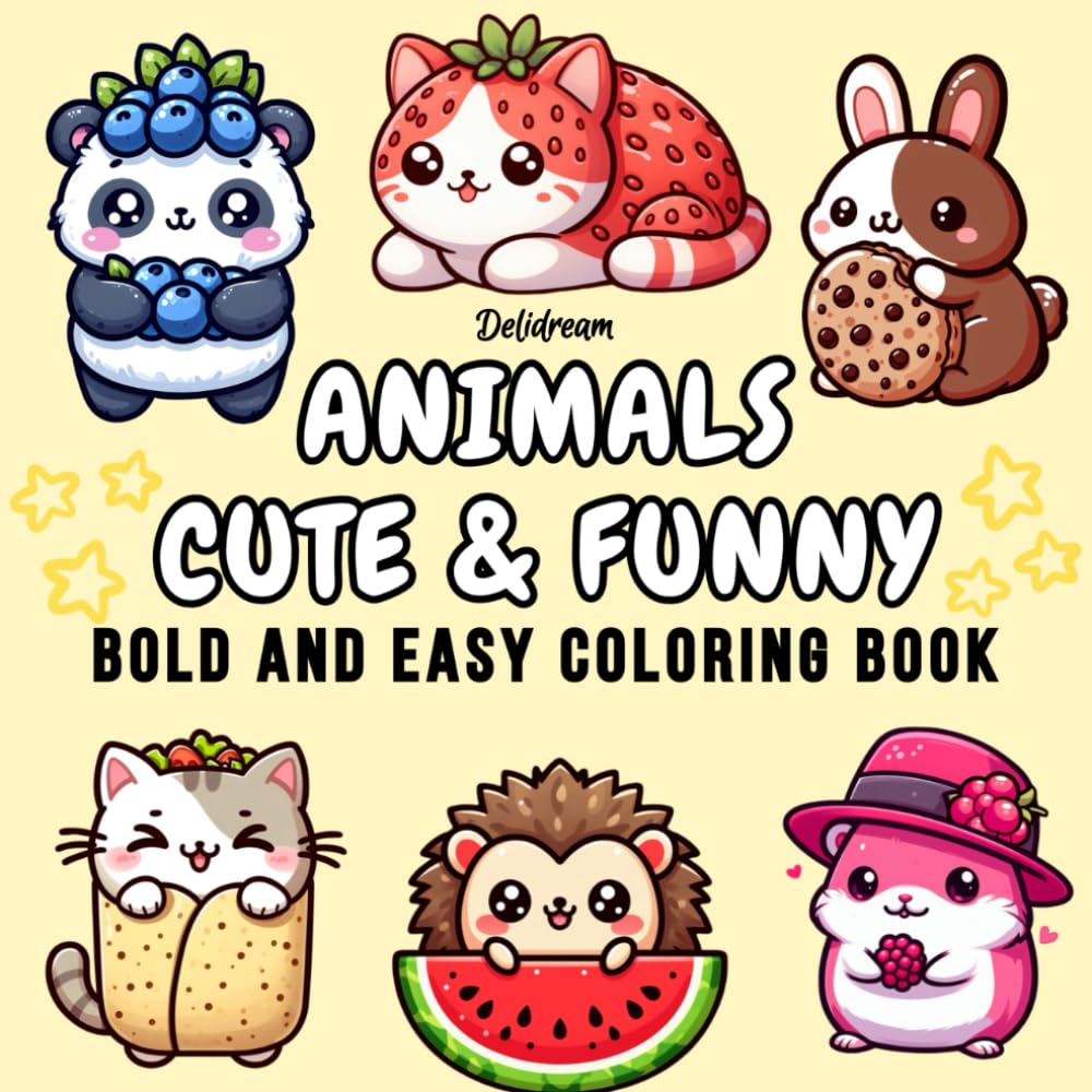 Libro: Animals Cute & Funny: Bold and Easy Coloring Book for Kids and Adults, 35 Relaxing Stress Relieving Designs