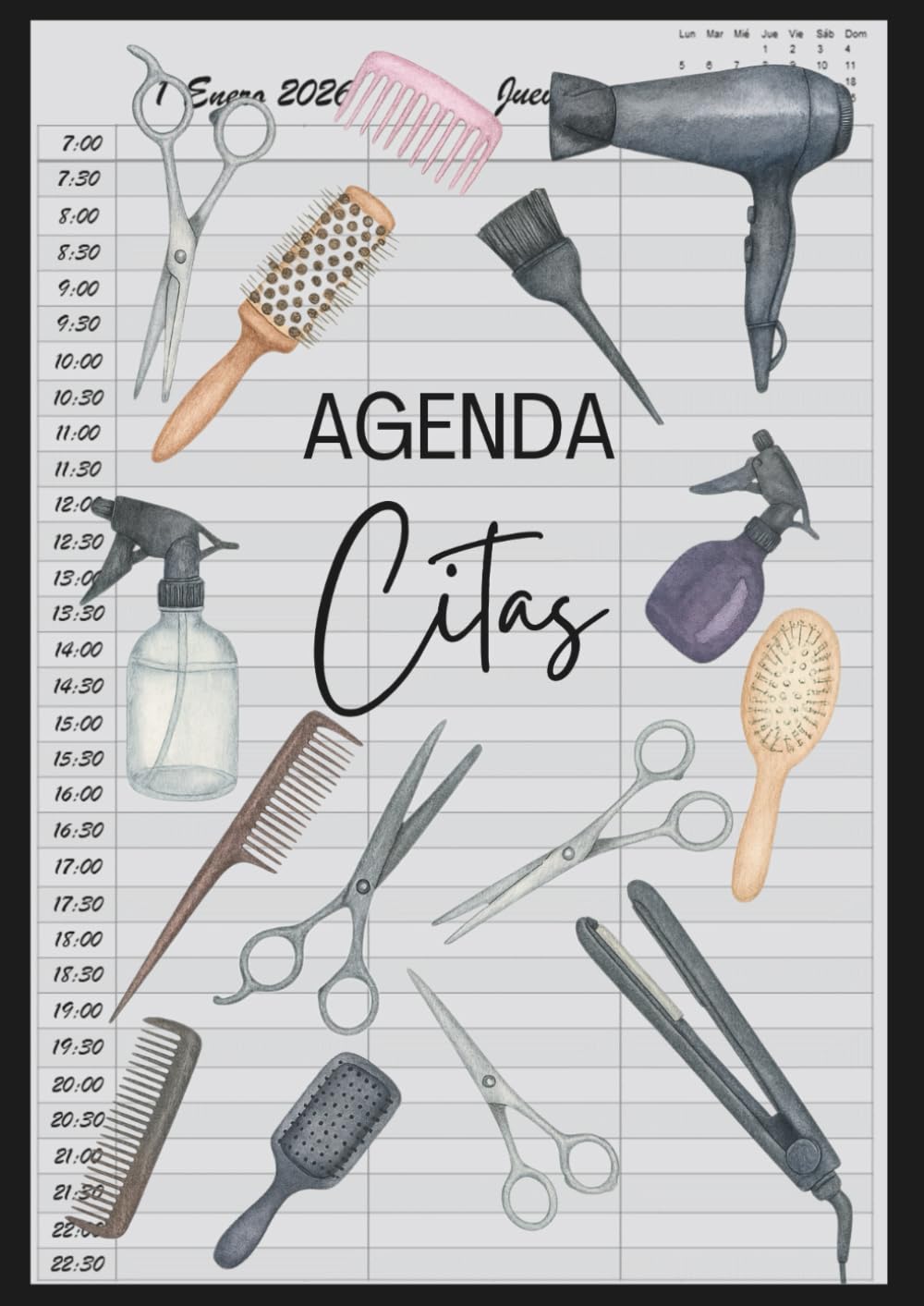 Libro: Agenda Citas Para Peluquería 2026 : Libro de Citas para 2026 con Fecha y por Horas, Dia por Pagina 3 Empleados | Intervalo de 30 Minutos de 7:00 a 22:30 (3 Columnas) y Calendario de Mes Corriente A4