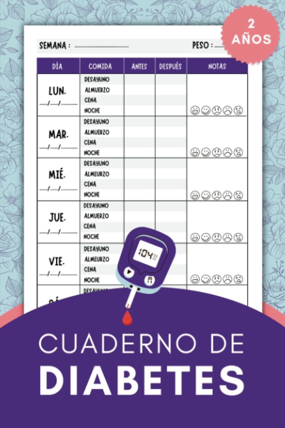 Libro: Cuaderno De Diabetes: Libreta para diabéticos, Registrar los niveles de glucosa en la sangre diariamente, Seguimiento de 2 años (108 semanas)