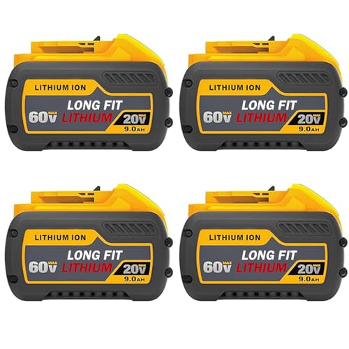 Batería-de-repuesto-LONG-FIT-de-9,0-Ah-(paquete-de-4)-para-Dewalt-20-V/60-V,-9,0-Ah,-DCB606,-DCB609,-DCB612,-compatible-con-herramientas-eléctricas-DeWalt-de-20-V/60-V-y-cargadores-DeWalt.