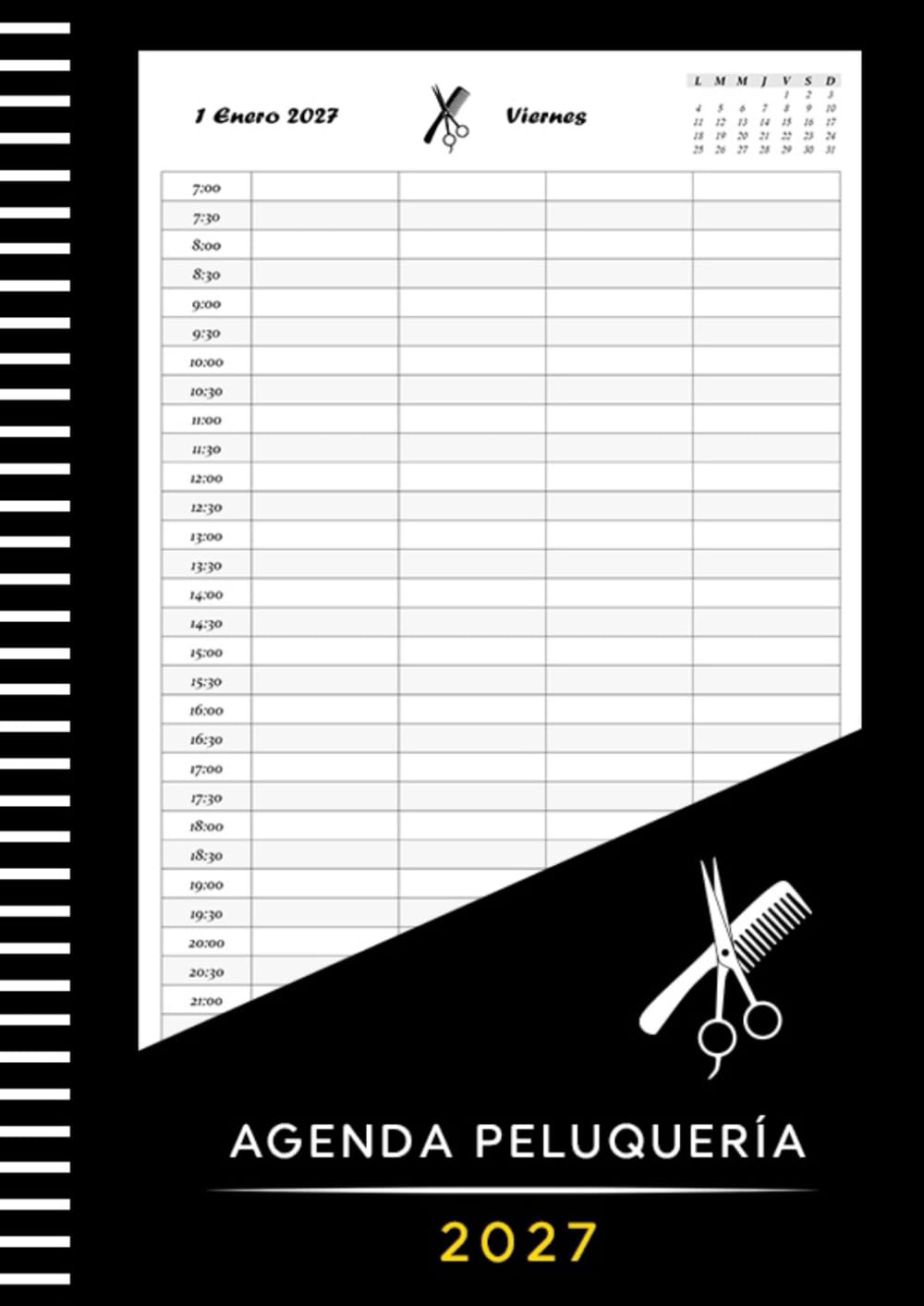 Libro: Agenda Peluquería 2027: Libro de citas peluquería, barbería y estilista | 1 día por página | Intervalo de 30 Minutos de 7:00 a 22:30 (4 Columnas) (Spanish Edition)
