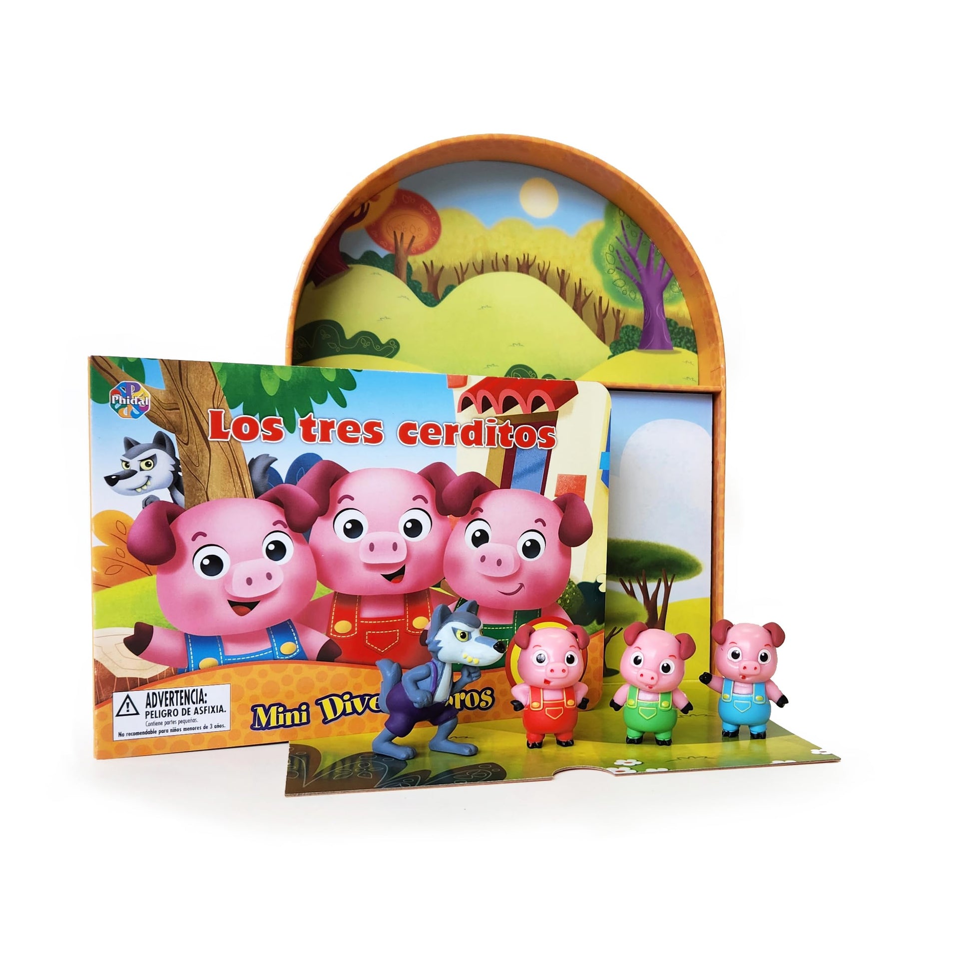 Phidal Los Tres Cerditos Mini Diverti-Libros - Libros de actividades para niños, cuento de 12 páginas, 4 figuras, 1 escenario de juego