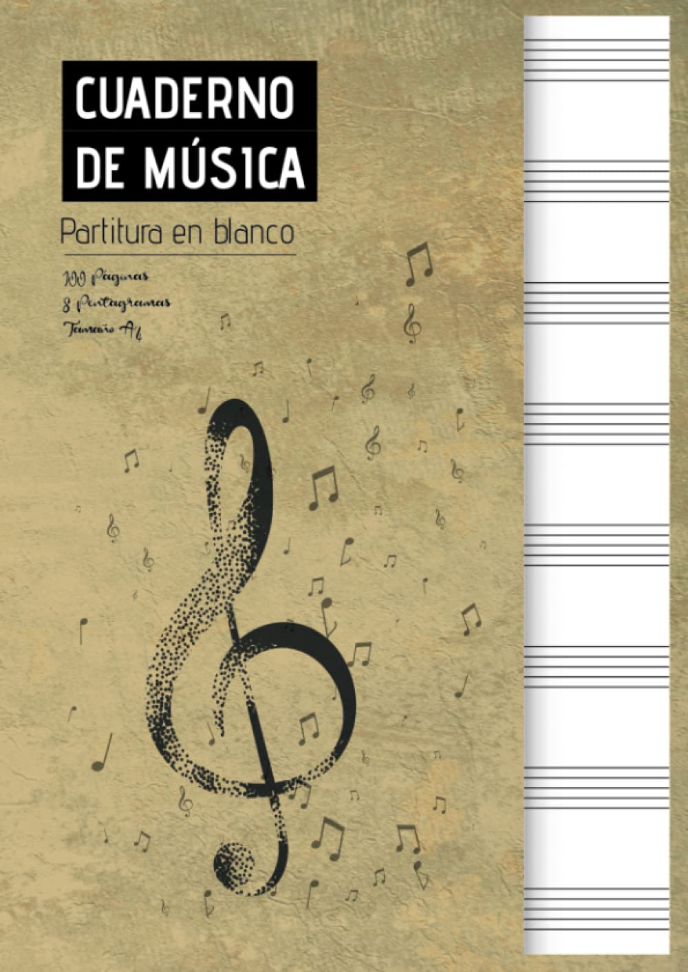 Libro: Cuaderno de Música | Partitura en blanco | Cuaderno para músicos | 100 Páginas | 8 Pentagramas anchos | Tamaño A4