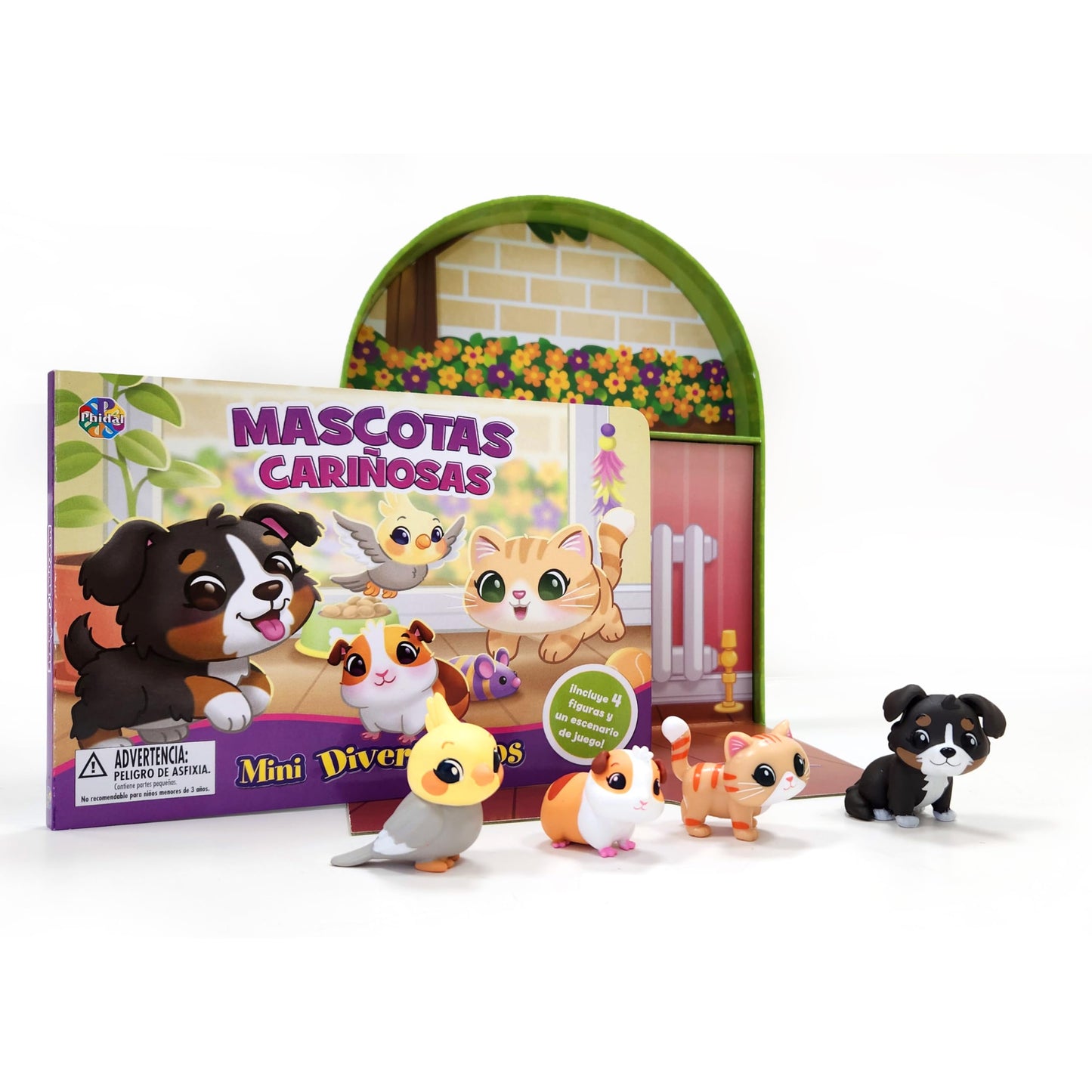 Libro: Phidal Mascotas Cariñosas Mini Diverti-Libros - Libros de actividades para niños, cuento de 12 páginas, 4 figuras, 1 escenario de juego