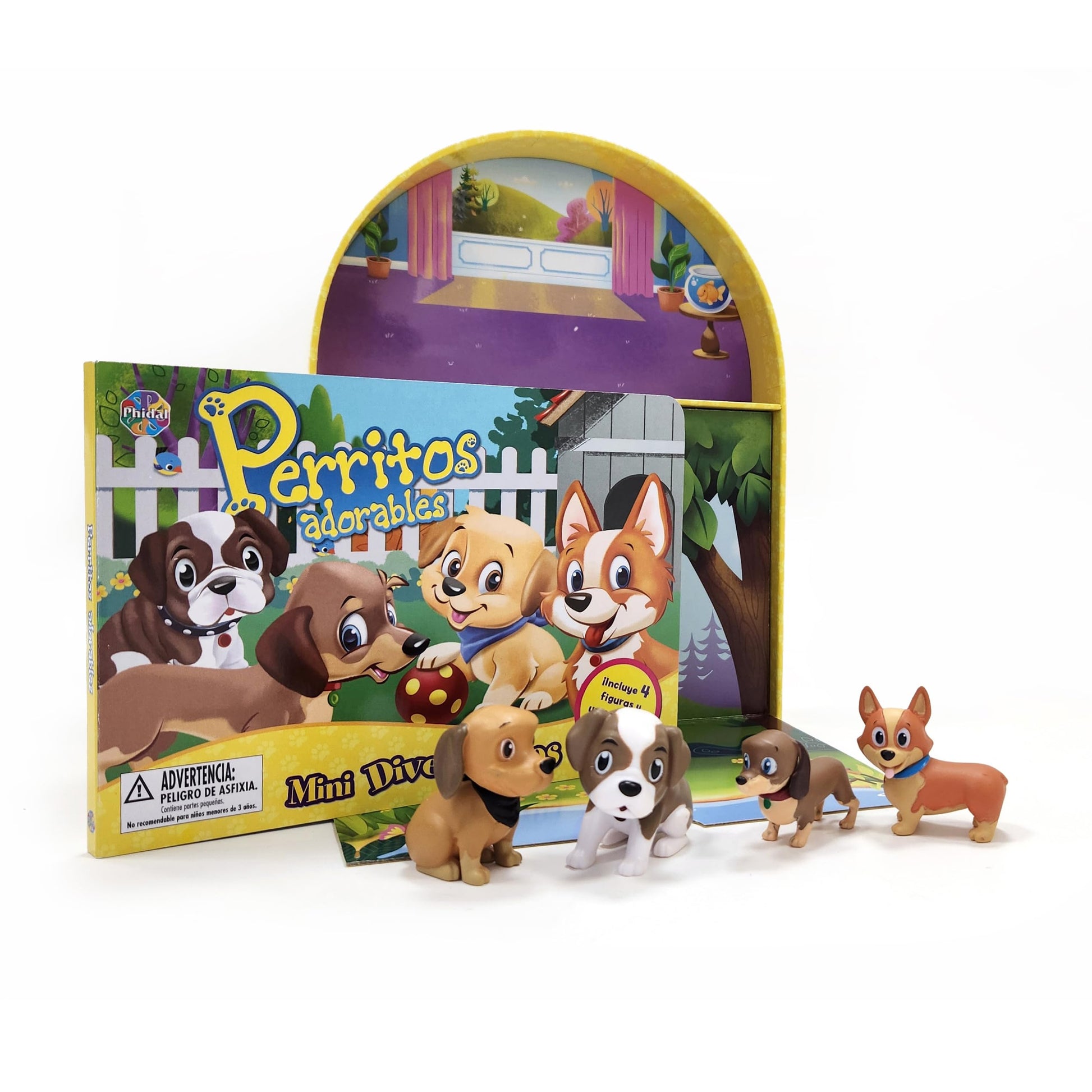 Libro: Phidal Perritos Adorables Mini Diverti-Libros - Libros de actividades para niños, cuento de 12 páginas, 4 figuras, 1 escenario de juego