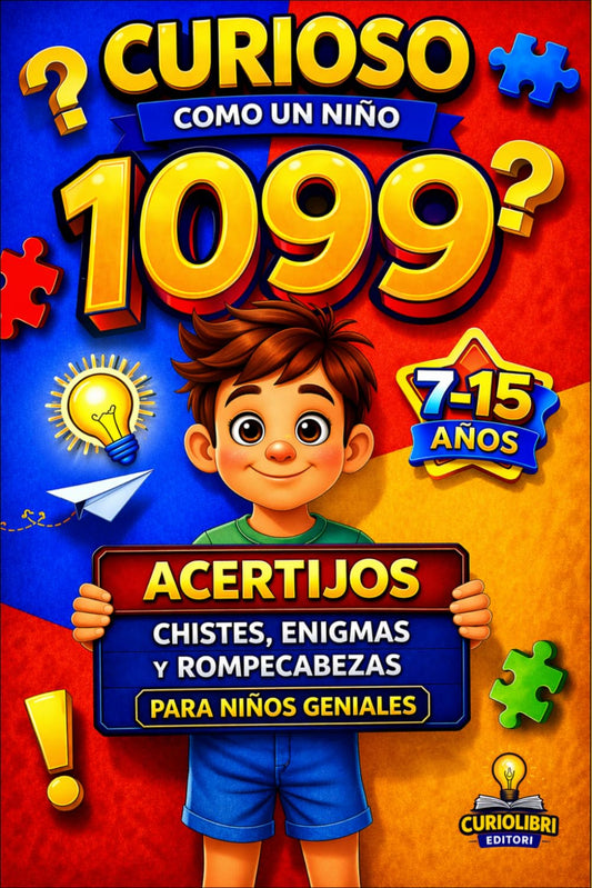 CURIOSO COMO UN NIÑO 1099 ACERTIJOS, CHISTES, ENIGMAS Y ROMPECABEZAS: para niños y jóvenes de 7 a 15 años · 5 libros en 1 — Juegos inteligentes para estimular la mente divirtiéndose.