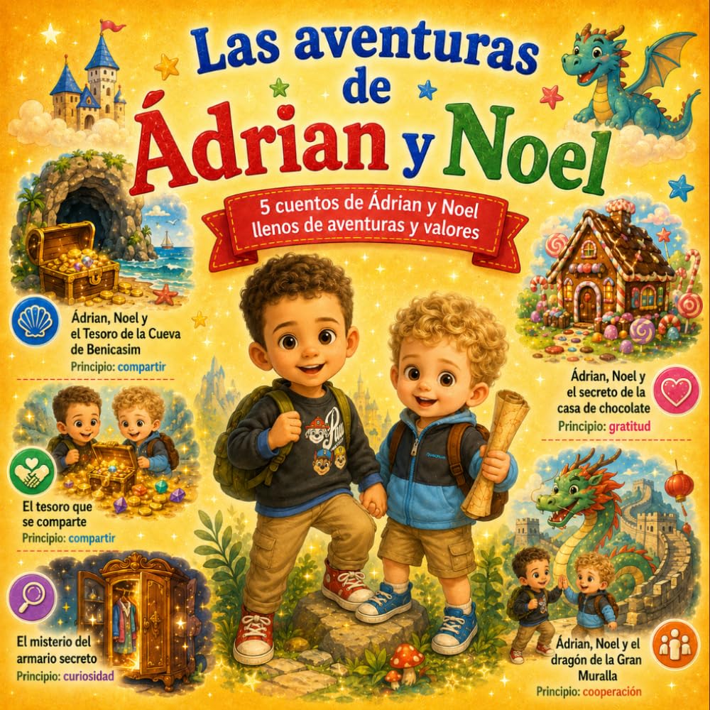 Libro: Las aventuras de Ádrian y Noel: 5 cuentos infantiles de aventuras sobre compartir, curiosidad, gratitud y cooperación