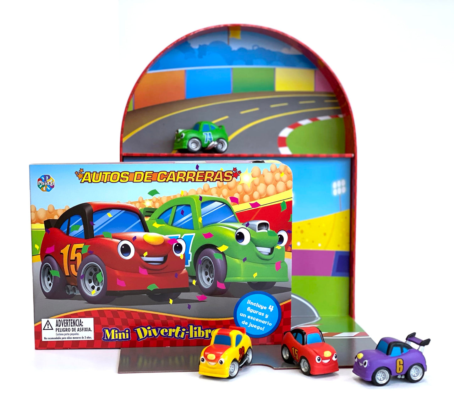 Libro: Phidal Auto de Carreras Mini Diverti-Libros - Libros de actividades para niños, cuento de 12 páginas, 4 figuras, 1 escenario de juego