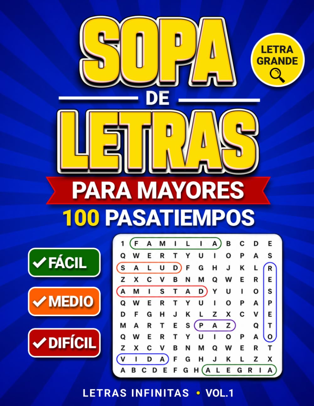 Libro: Sopa de Letras para Mayores: 100 Pasatiempos Adultos con Letra Grande para Estimular la Mente y 3 Niveles de Dificultad con Soluciones (Regalos para Personas Mayores)