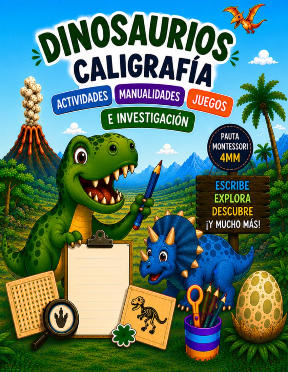 Libro: Dinosaurios. Cuaderno de caligrafía, curiosidades, pasatiempos, actividades, investigación, juegos y manualidades.: Caligrafía divertida con pauta ... (Mentes Creativas) (Spanish Edition)
