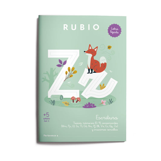 Escritura con letra ligada +5 años Vol 1 | RUBIO | Cuaderno con trazos, números (0–9), consonantes (Mm, Pp, Ll, Ss, Tt, Dd, Nn, Ff, Bb, Vv, Cc, Qq, Zz) y oraciones sencillas. Tamaño A4